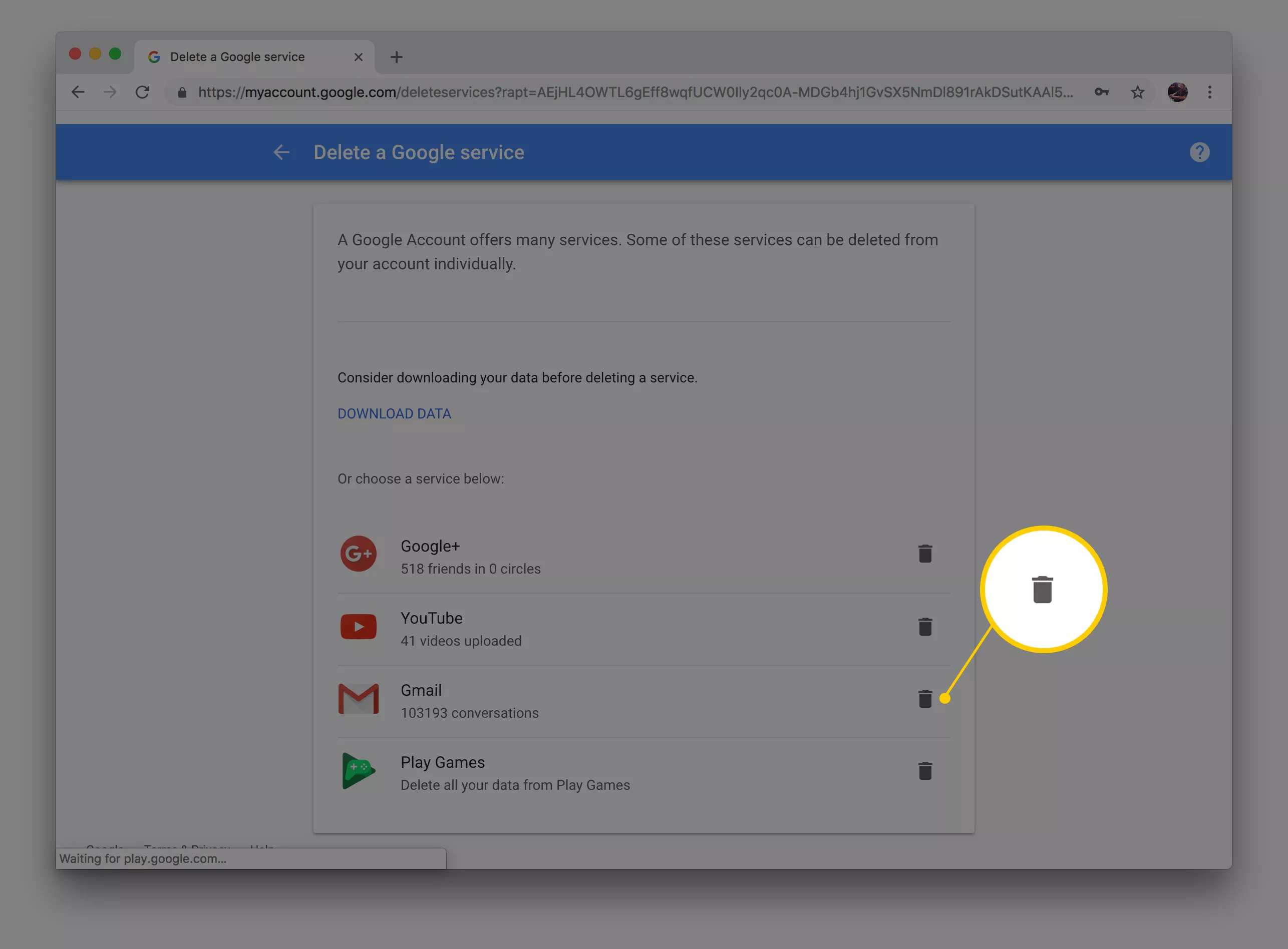 Screenshot of trash can icon to click when deleting your Gmail account on Google website