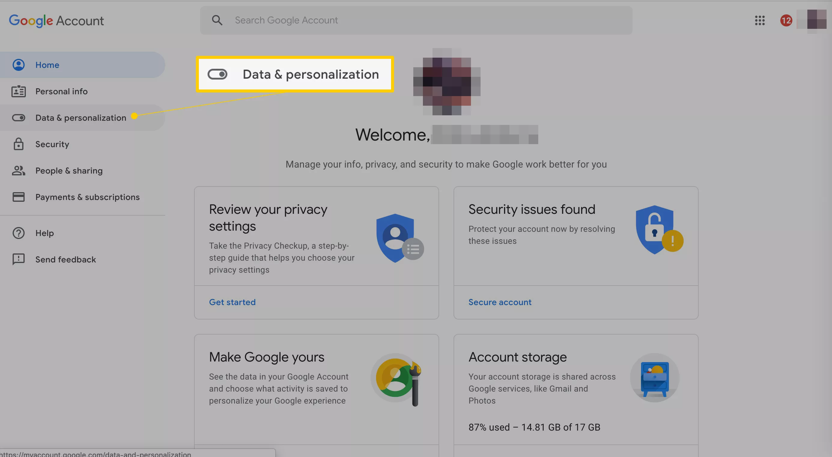 Data & personalization tab on Google Account website
